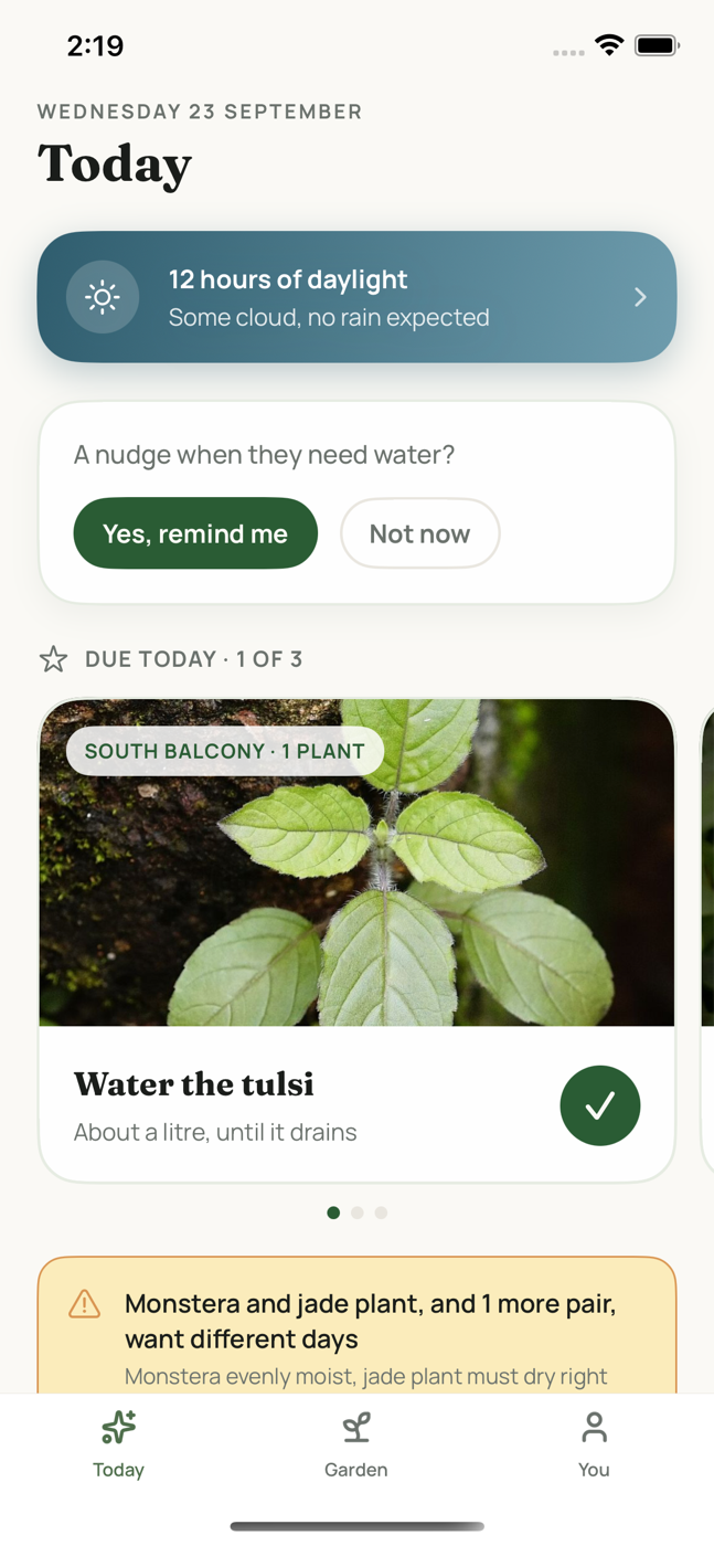 Leafed's Today screen — the day's light, and the plants that need watering, one card at a time
